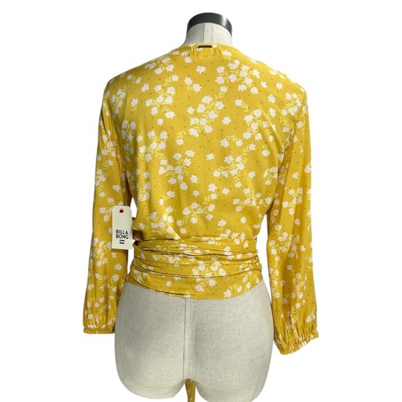 BILLABONG Love Wrapped Crop Top Sz L Yellow Floral Peasant Long Sleeve Tie Waist - Picture 8 of 14